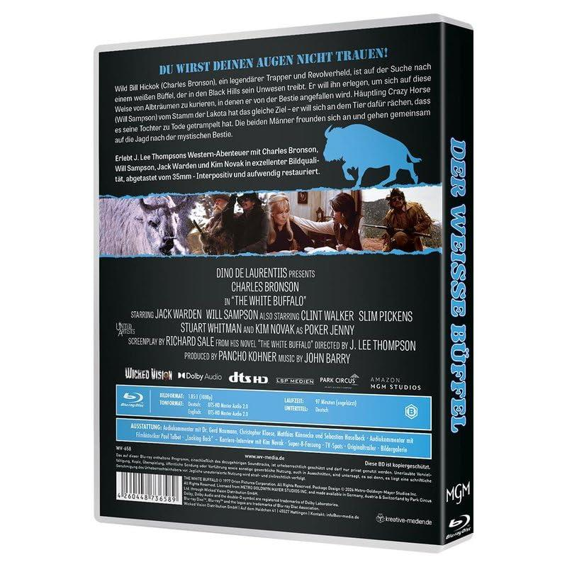Rückseite einer Blu-ray-Hülle des Westerns "Der weiße Büffel" mit Charles Bronson, Texten und Bildern.