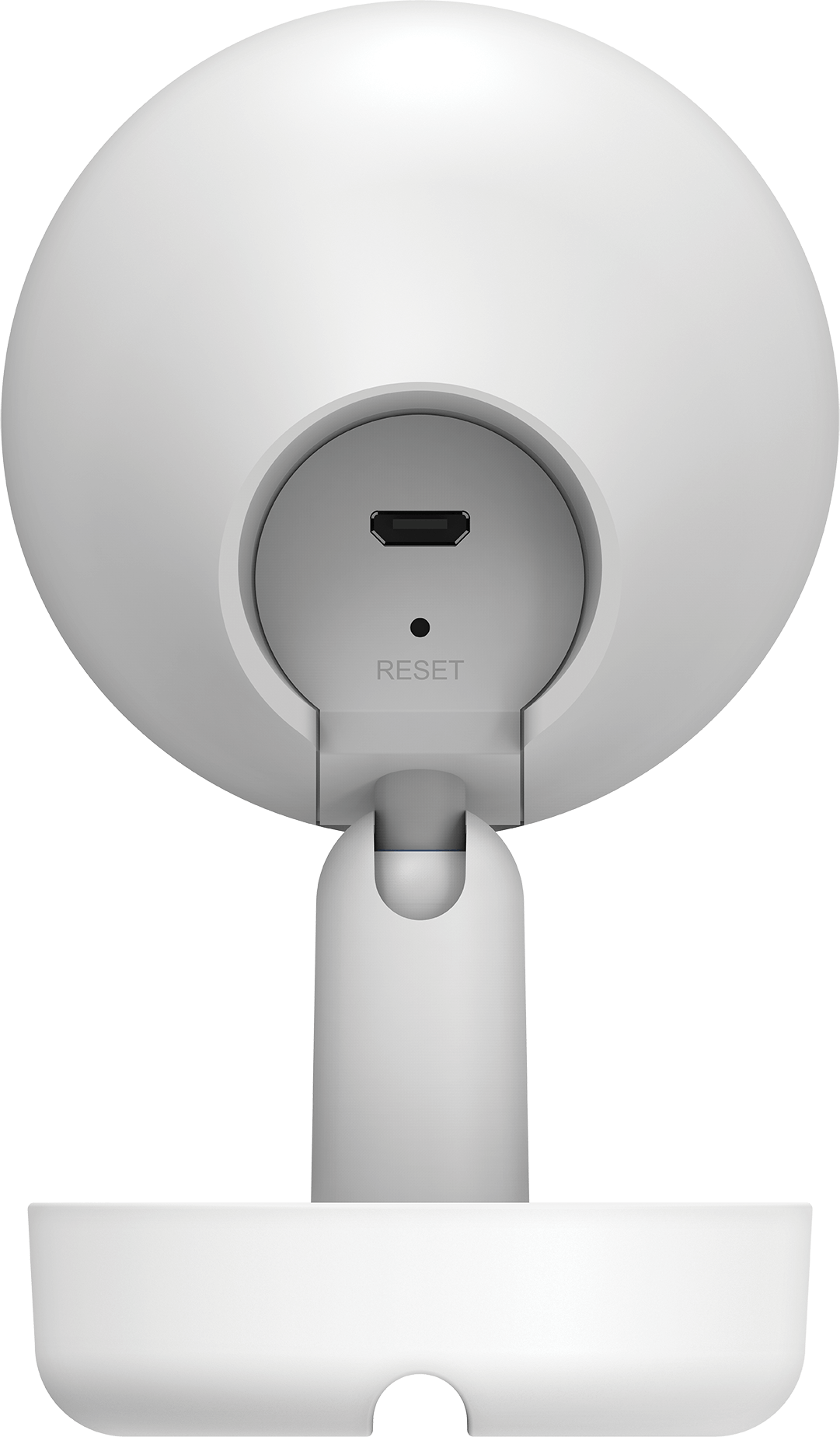 Rückansicht einer weißen Sicherheitskamera mit USB-Anschluss, Reset-Knopf und Ständer auf schwarzem Hintergrund.