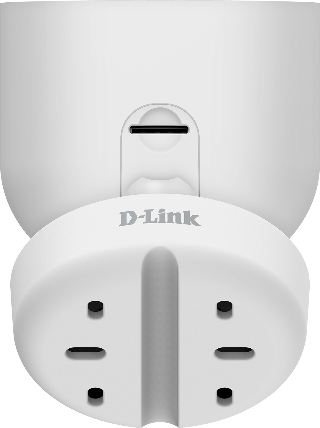 Unterseite eines weißen D-Link-Geräts mit Löchern und einer zentralen vertikalen Rille.