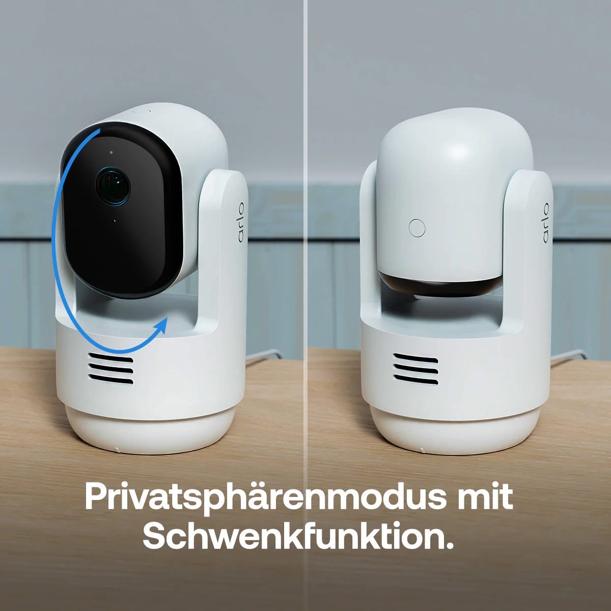 Zwei weiße Arlo Überwachungskameras auf Holztisch, links aktiv, rechts im vertikal gedrehten Privatsphärenmodus.