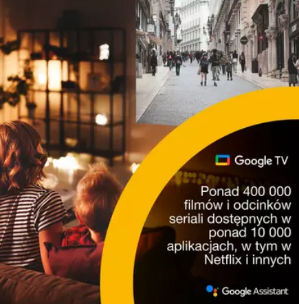 Dwie osoby oglądają telewizję, u góry ruchliwa ulica, po prawej tekst o Google TV.