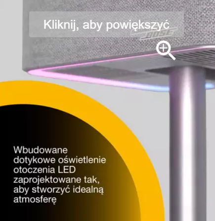 Głośnik Bose na stojaku z oświetleniem LED i polskim tekstem.