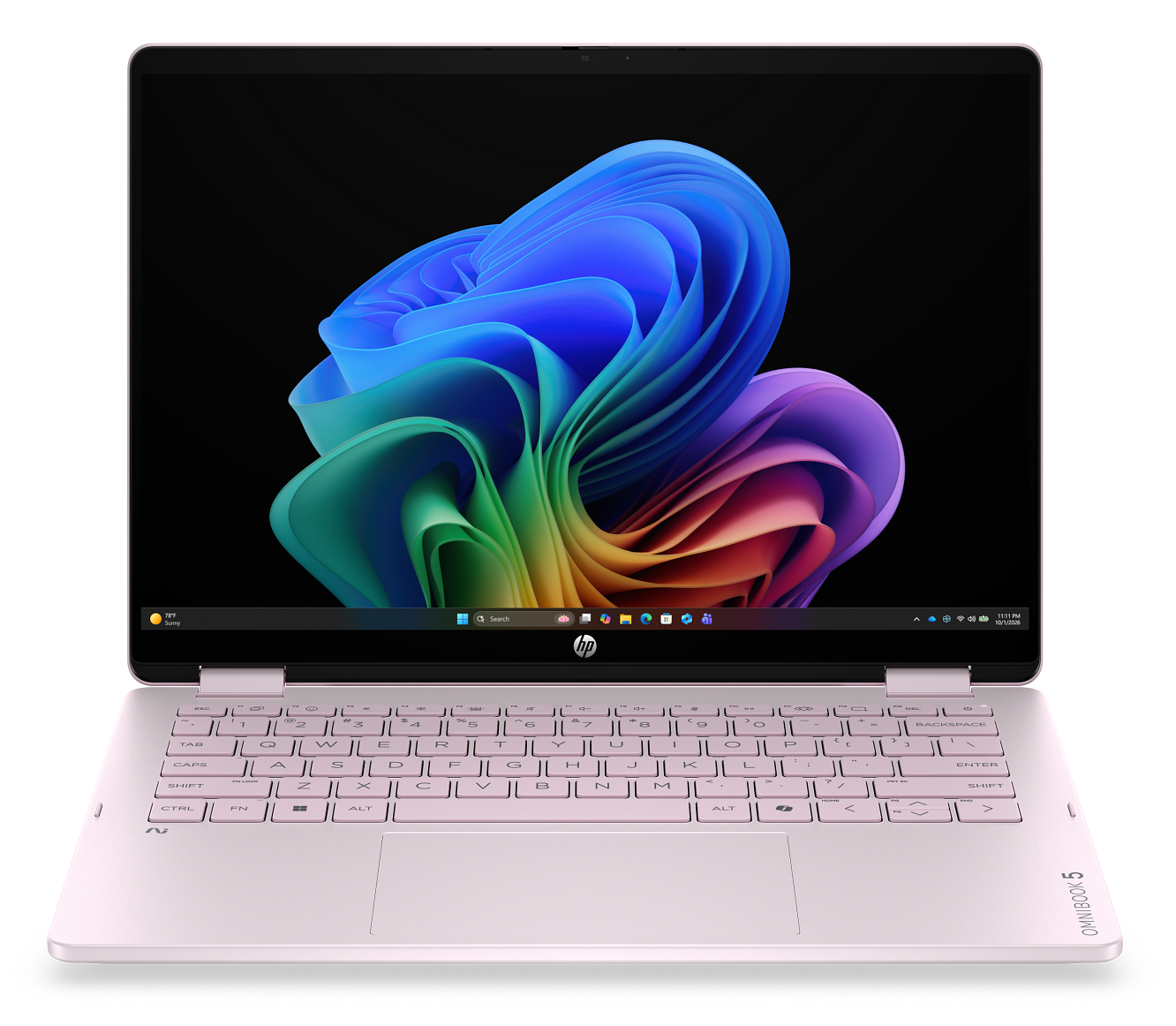 Różowy laptop HP Omnibook 5 wyświetla kolorowy, zakrzywiony wzór na czarnym tle.