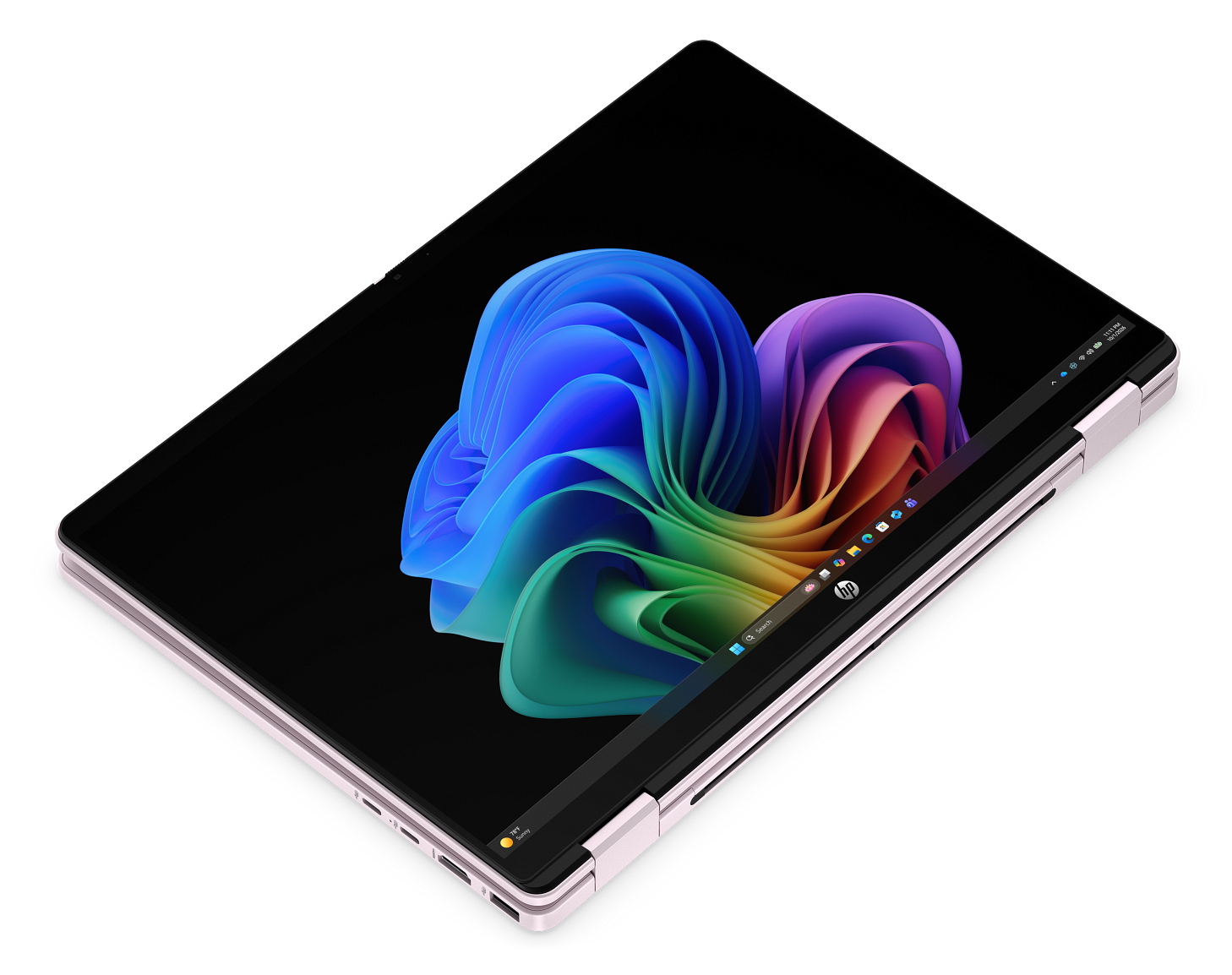 Elegancki biały laptop w trybie tabletu wyświetla kolorową, abstrakcyjną tapetę na czarnym tle.