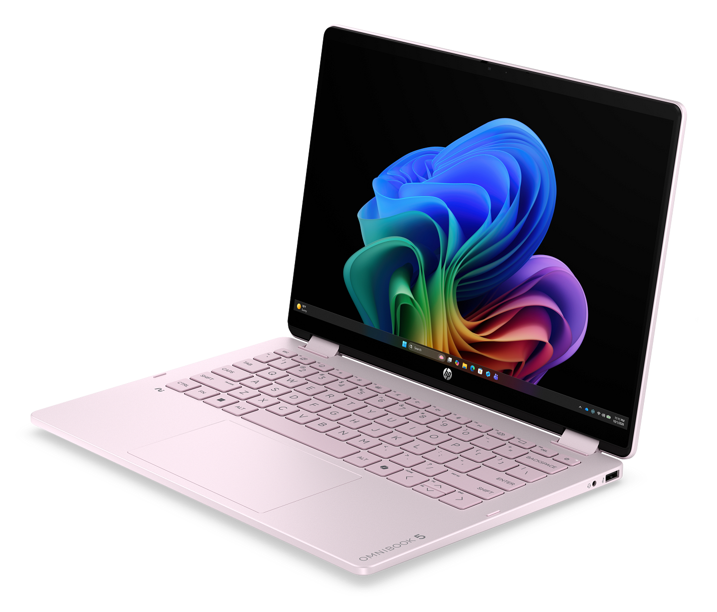 Różowy laptop na czarnym tle wyświetla kolorowy, abstrakcyjny wygaszacz ekranu.