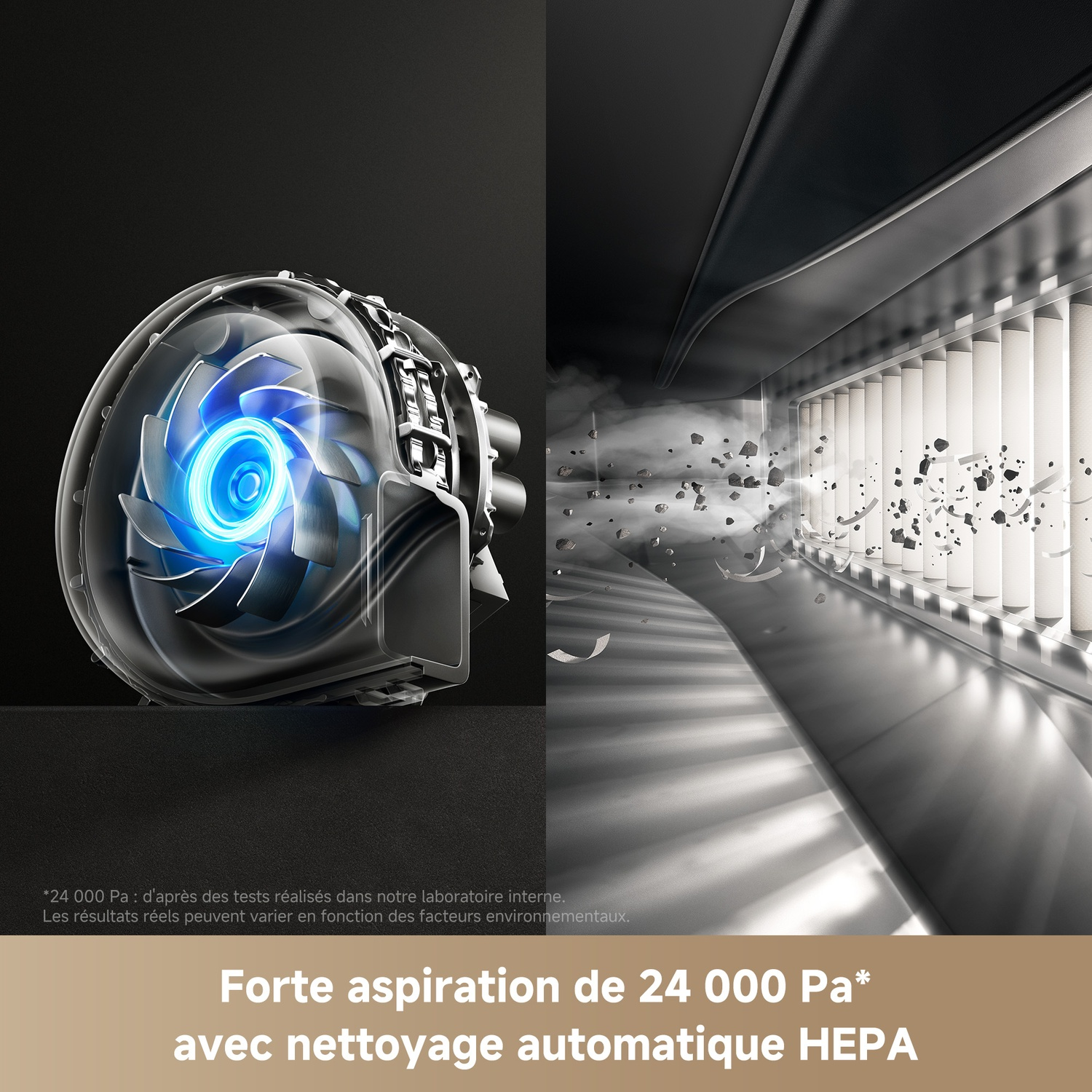 Un moteur avec un ventilateur bleu brillant à gauche et des débris filtrés dans un système HEPA à droite.