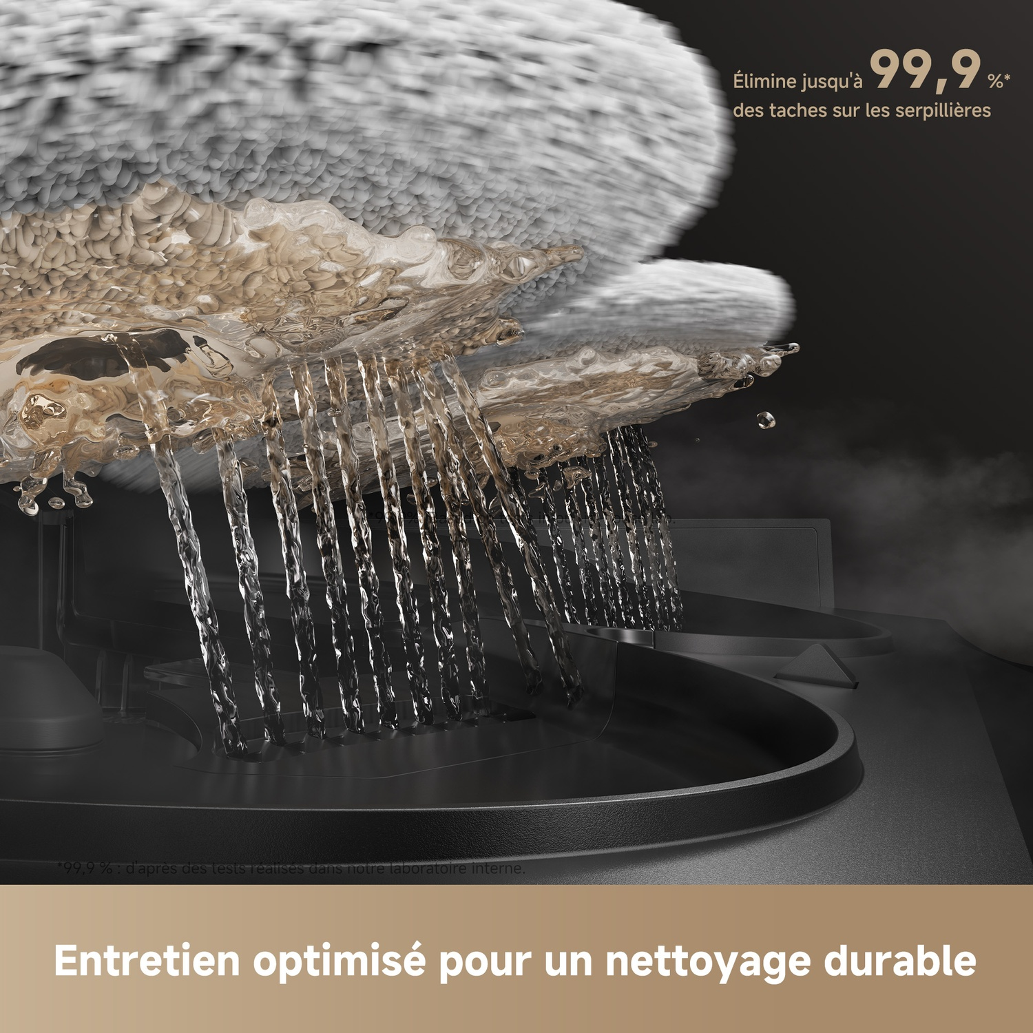 L'eau s'écoule à travers une serpillière sur une base noire, avec du texte en français.