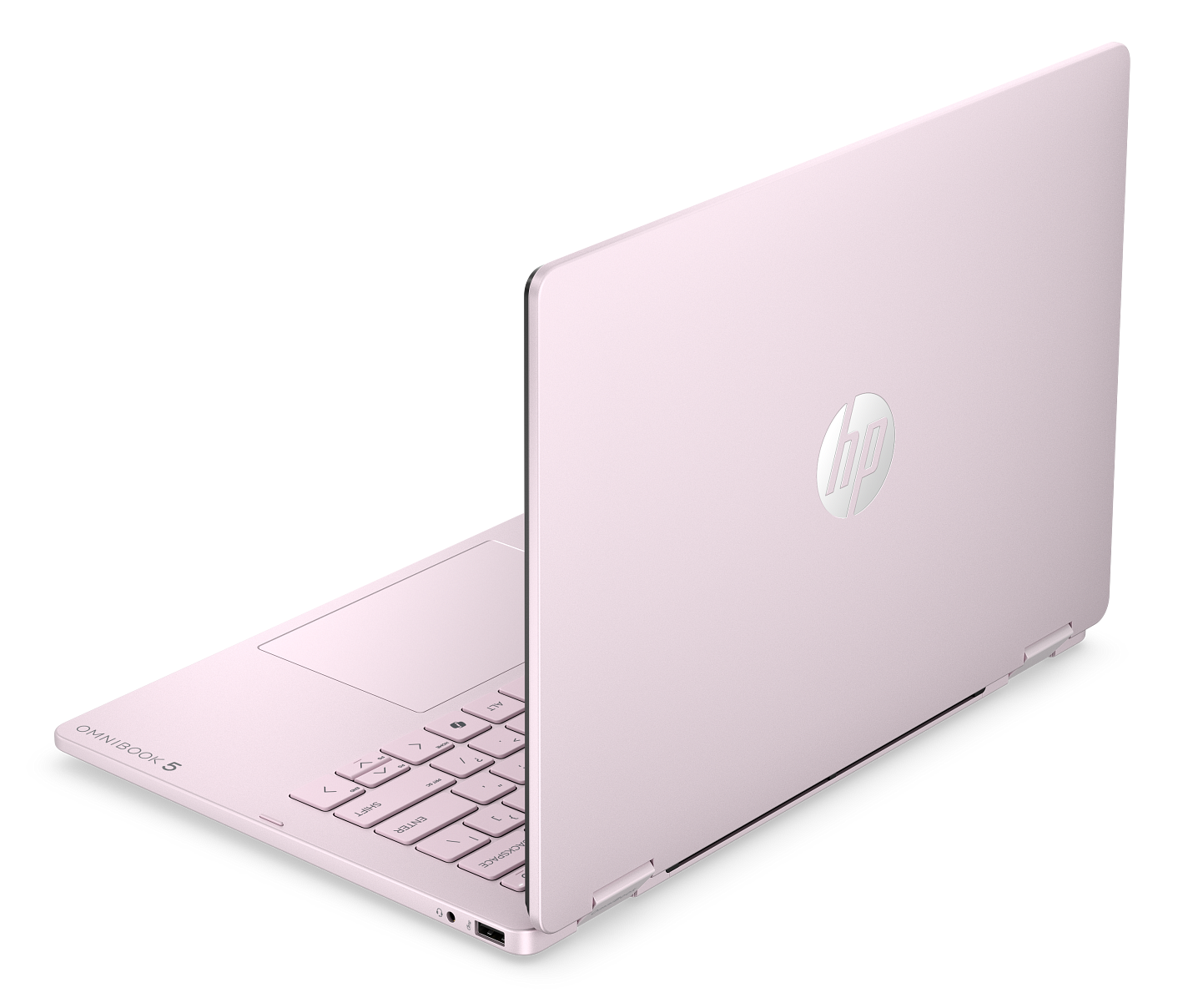 Różowy laptop HP Omnibook 5 na czarnym tle, pokazujący logo na zamkniętej pokrywie i widoczną klawiaturę.