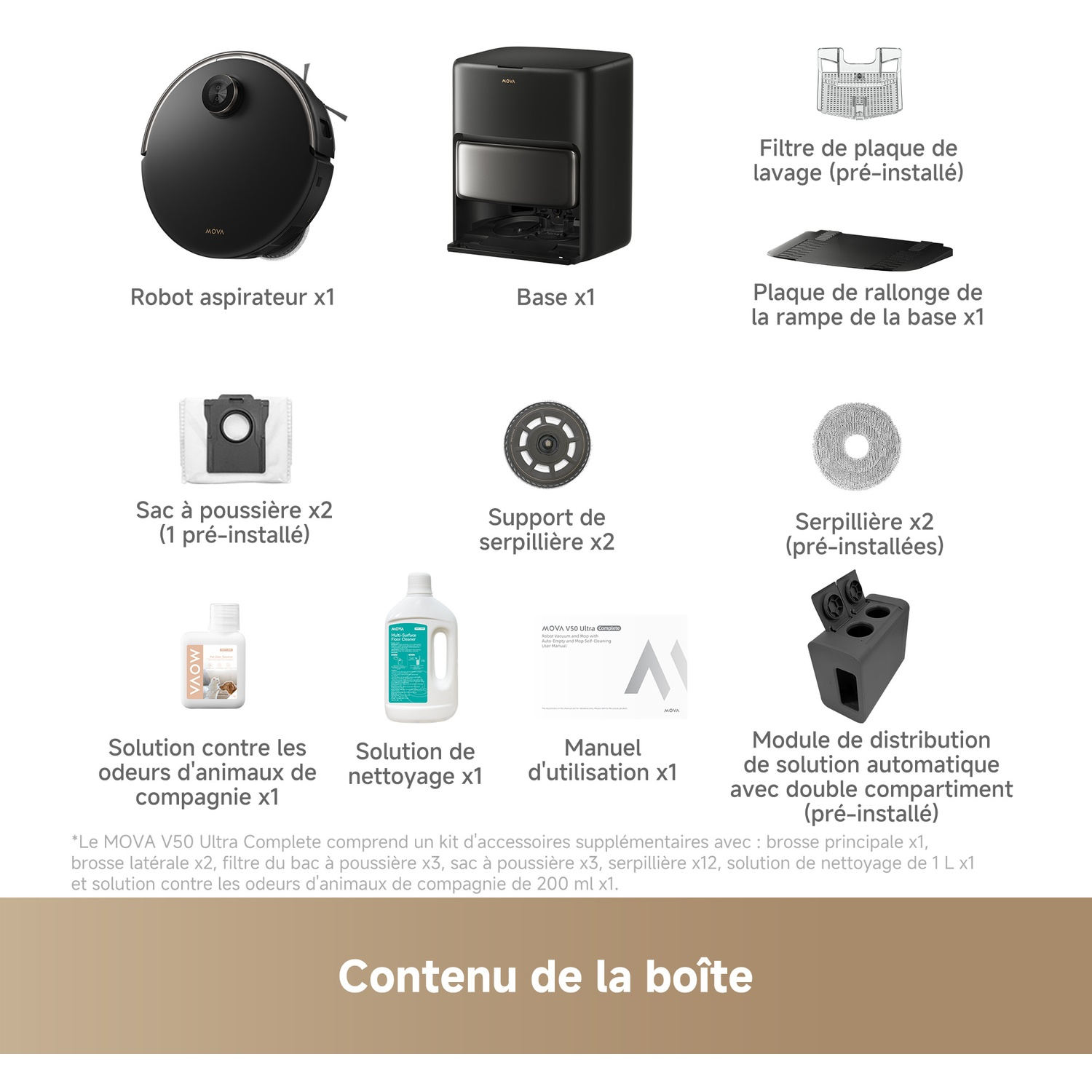 Contenu de la boîte avec robot aspirateur, base, accessoires, filtres, serpillères, solutions et manuel.
