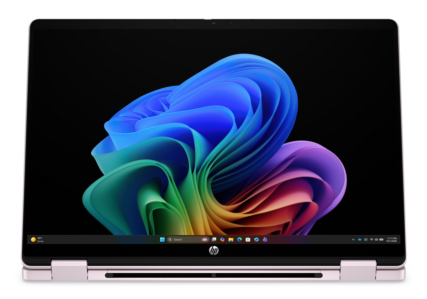 Różowy laptop HP z systemem Windows 11 wyświetla na ekranie abstrakcyjną, kolorową tapetę kwiatową.
