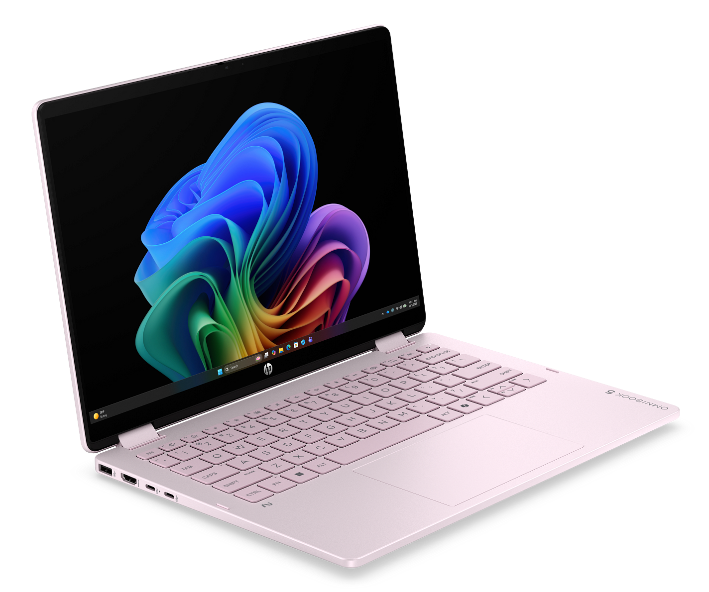 Różowy laptop z kolorową, abstrakcyjną tapetą na ekranie, na czarnym tle.