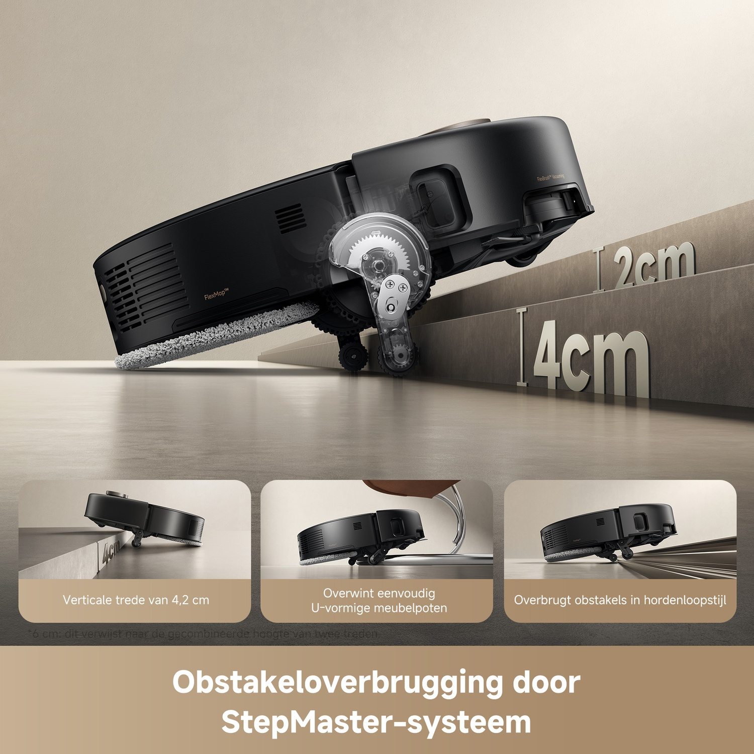Zwarte robotstofzuiger toont het StepMaster-systeem dat obstakels overwint.