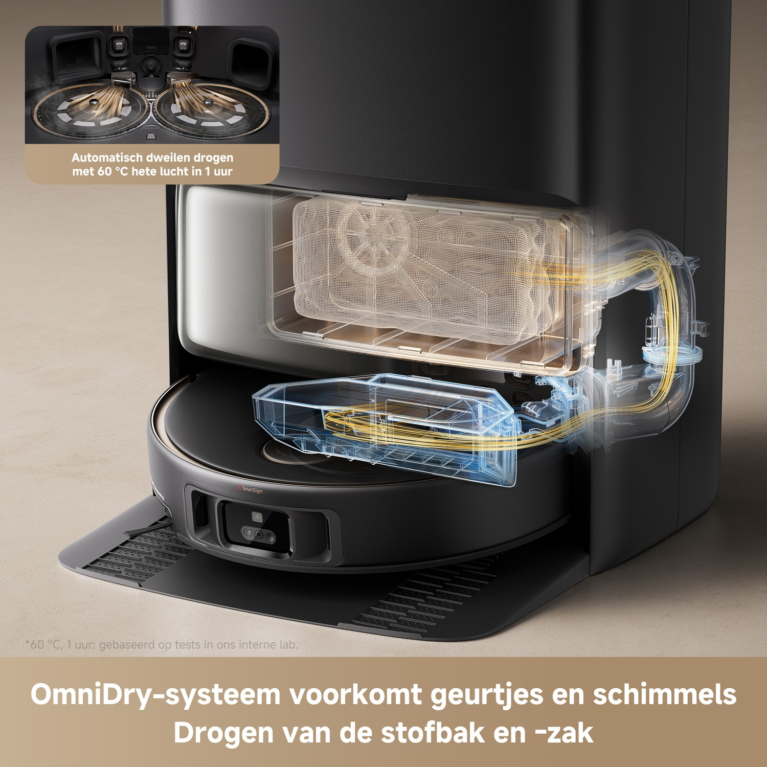 Schema van een robotstofzuiger met het droogsysteem in het basisstation.
