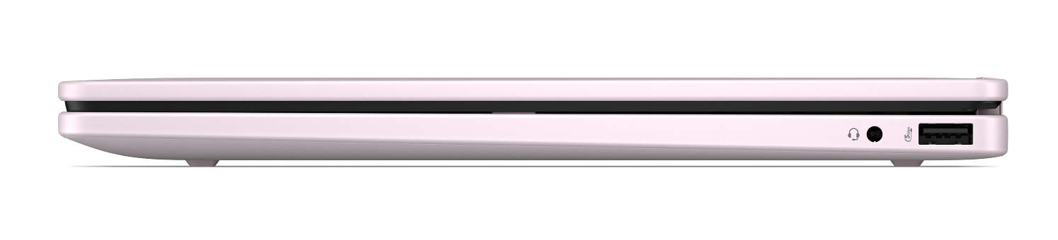 Widok z boku zamkniętego białego laptopa na czarnym tle, z gniazdem audio i portem USB po prawej stronie.