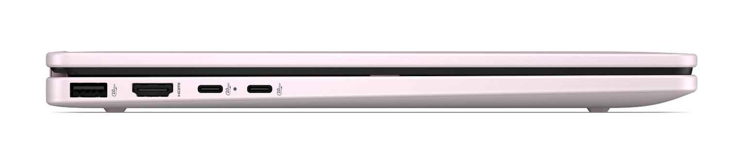 Widok z boku różowego laptopa z portami USB-A, HDMI i dwoma USB-C na czarnym tle.
