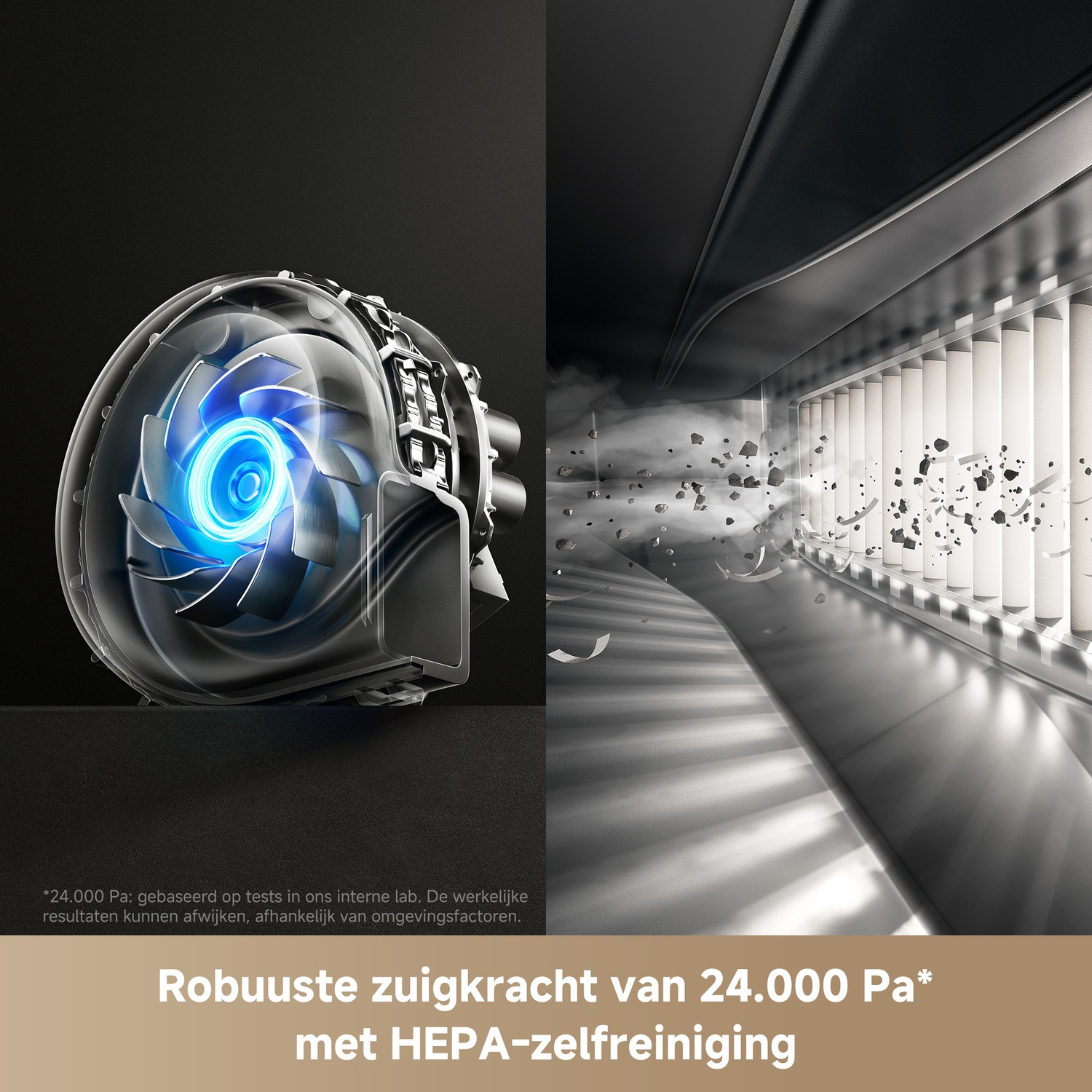 Gesplitst scherm met een oplichtende blauwe motor en stofdeeltjes die door een filtersysteem worden gezogen.