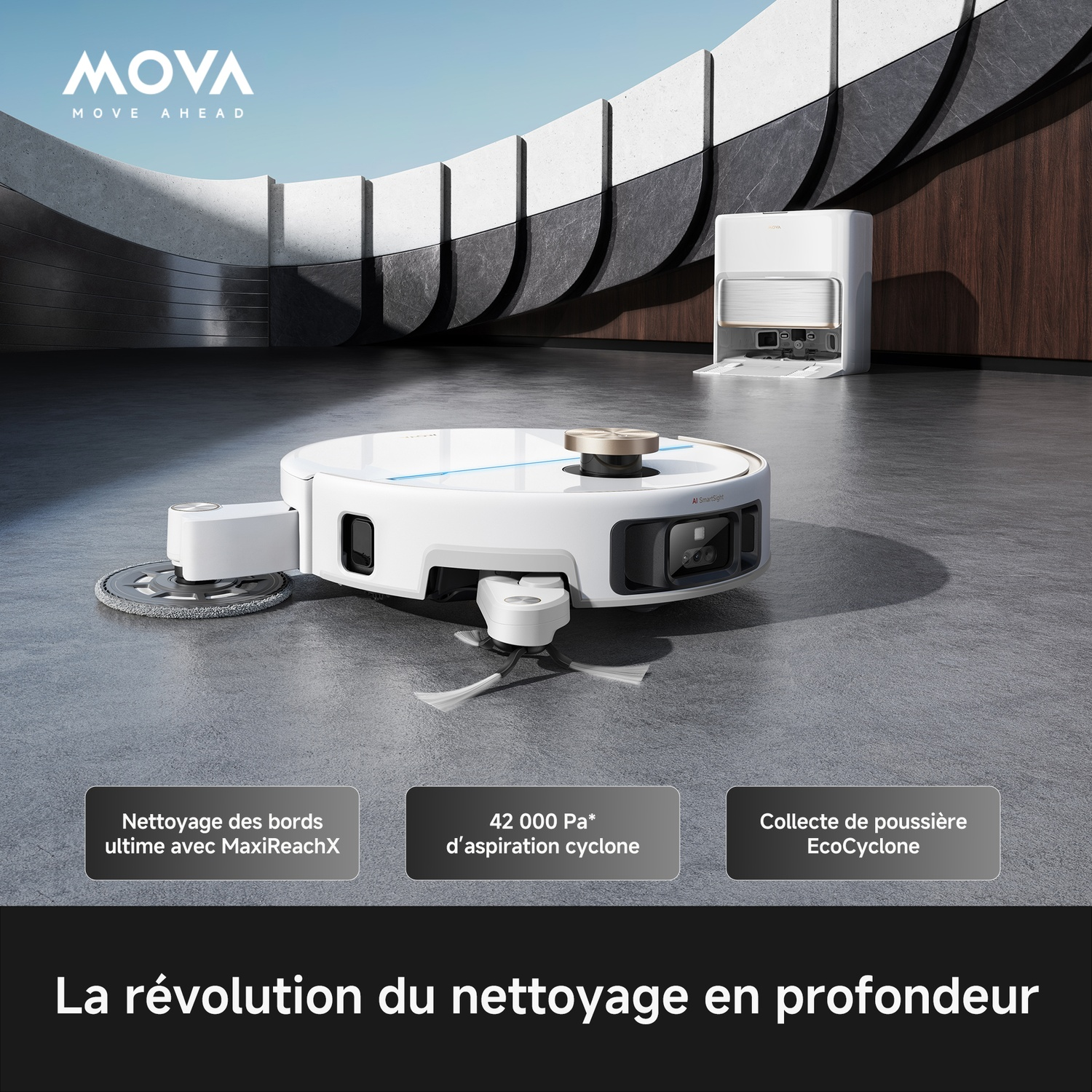 Un robot aspirateur blanc et sa station de charge sur un sol gris dans une pièce moderne.