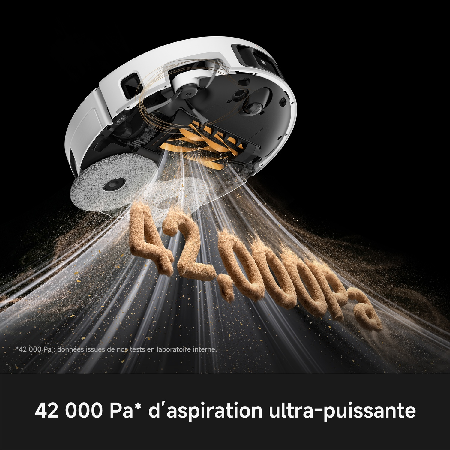 Dessous d'un robot aspirateur avec un flux d'air puissant aspirant la poussière.