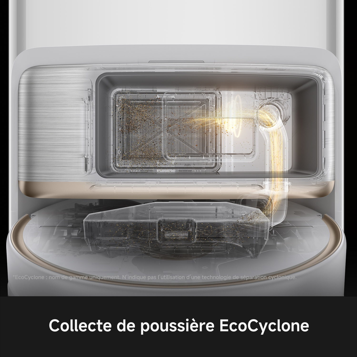 Vue en coupe de l'aspirateur EcoCyclone avec flux d'air visible et bac à poussière.