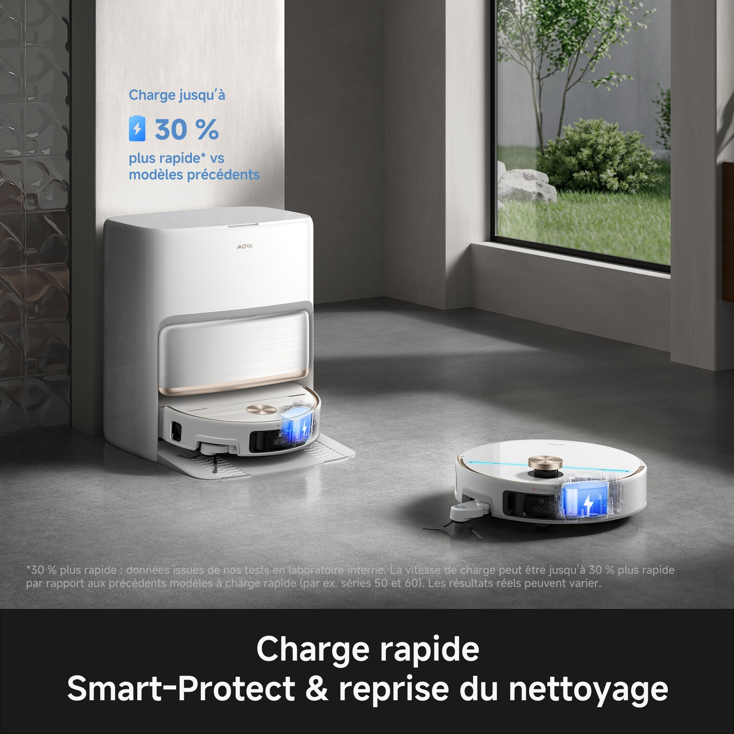 Robot aspirateur Mova blanc avec station de charge dans une pièce moderne.