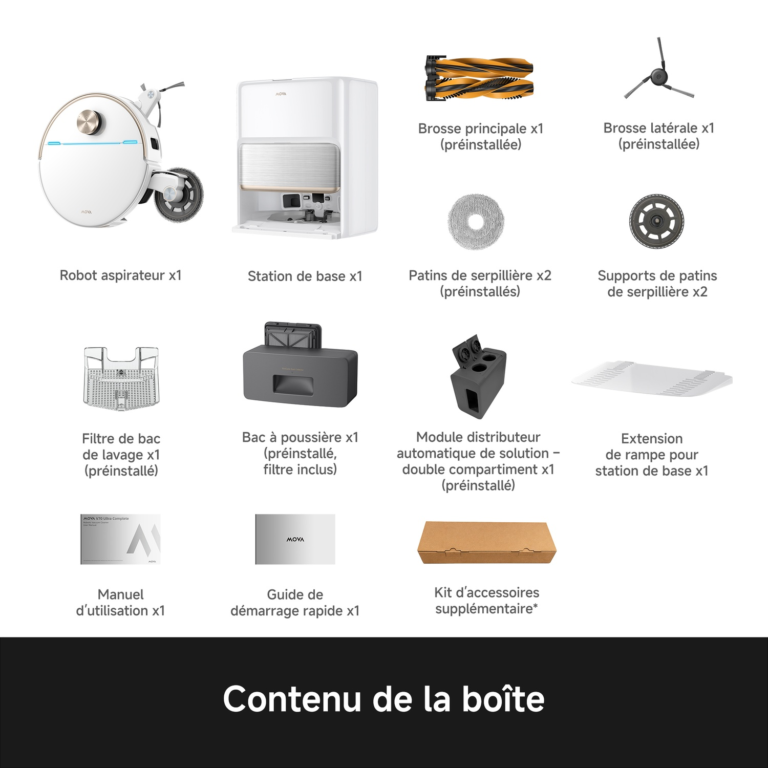 Contenu de la boîte avec robot aspirateur, station, brosses, serpillères, filtres, manuels et accessoires sur fond blanc.