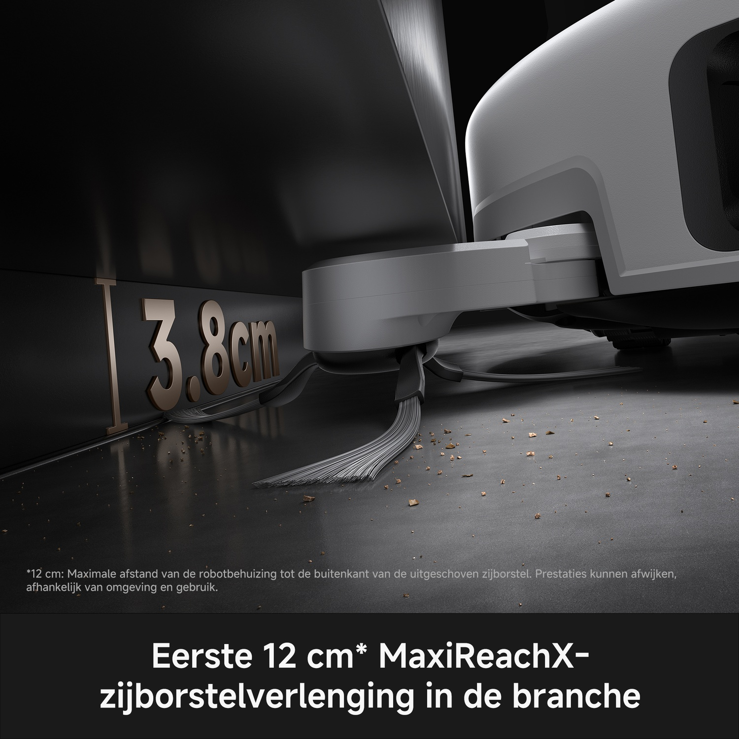A robot vacuum extends its side brush 3.8 cm to clean debris under low furniture.