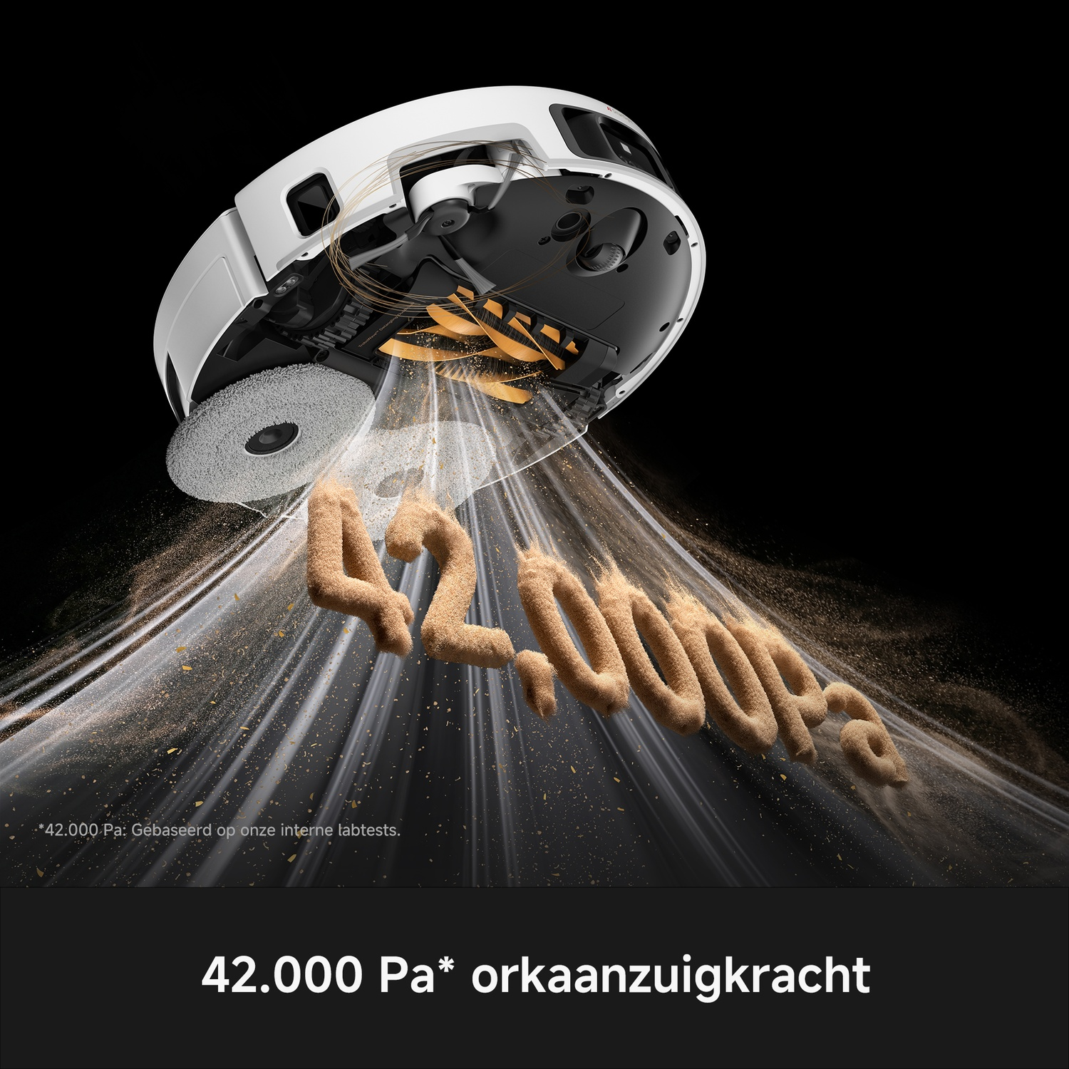 Robot vacuum cleaner sucking up sand shaped into the number 42,000.