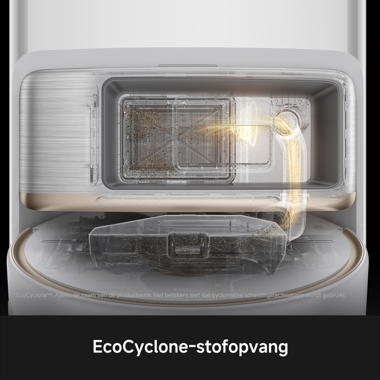 Diagram showing dust collection airflow inside a robotic vacuum and dock.