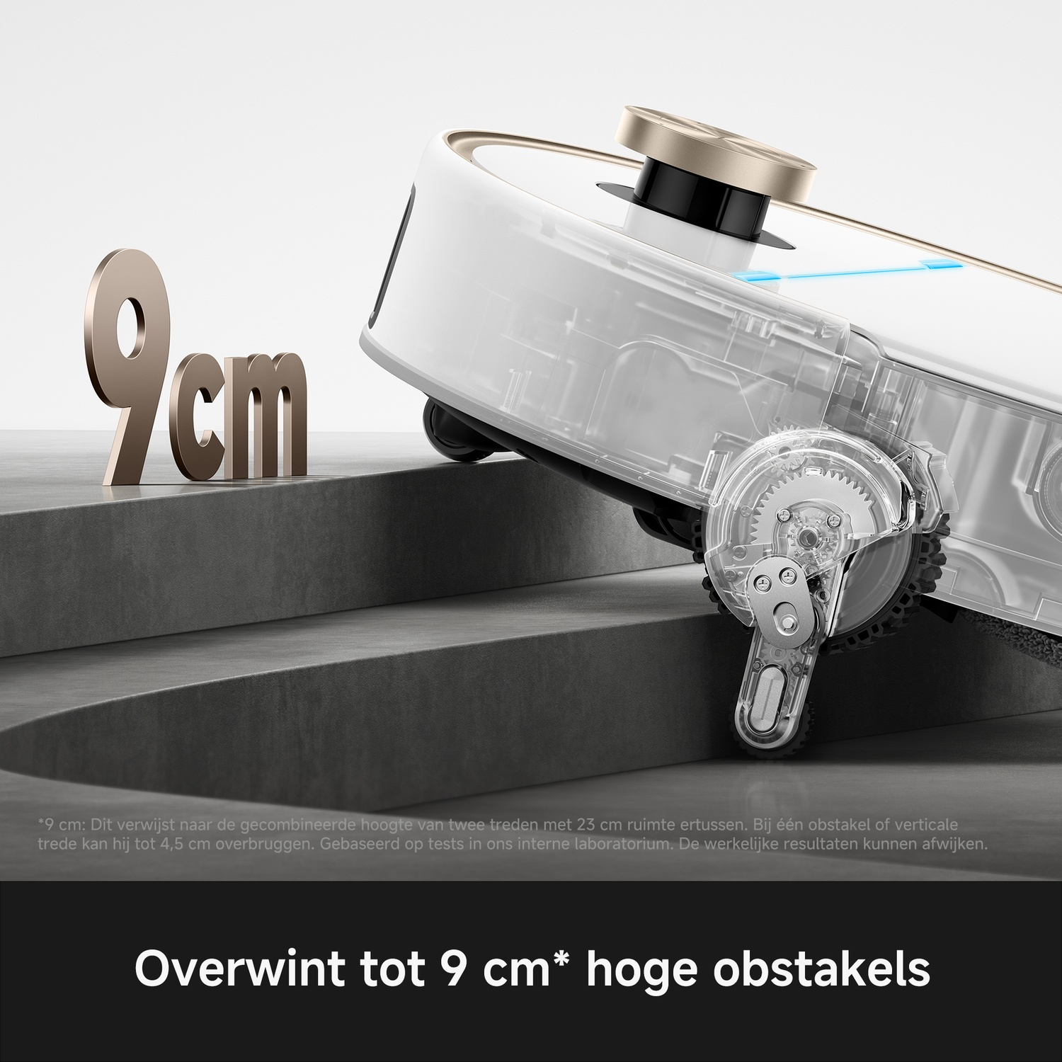 A white robotic vacuum climbs a step, with golden 3D text '9cm' on the left.