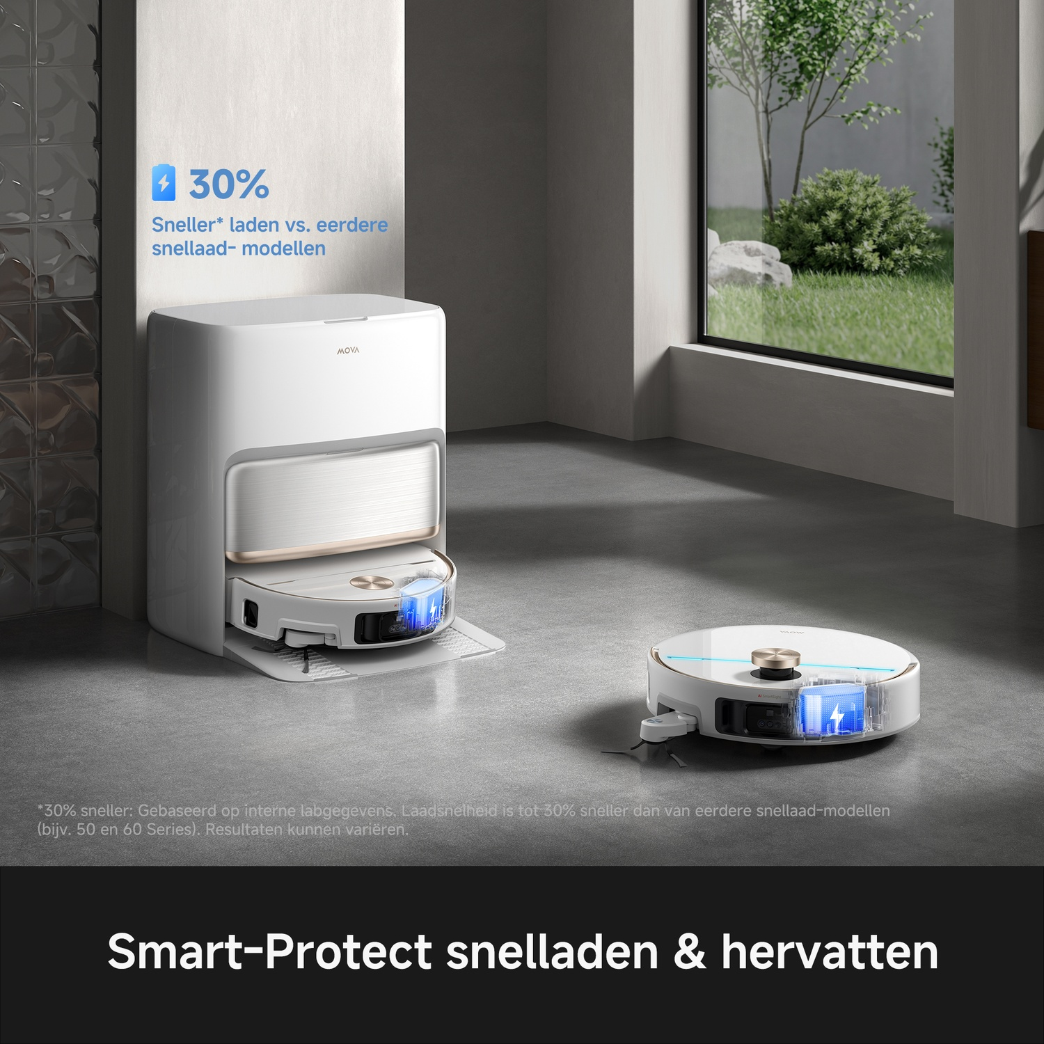 White robot vacuum with charging dock and 30 percent faster charging.