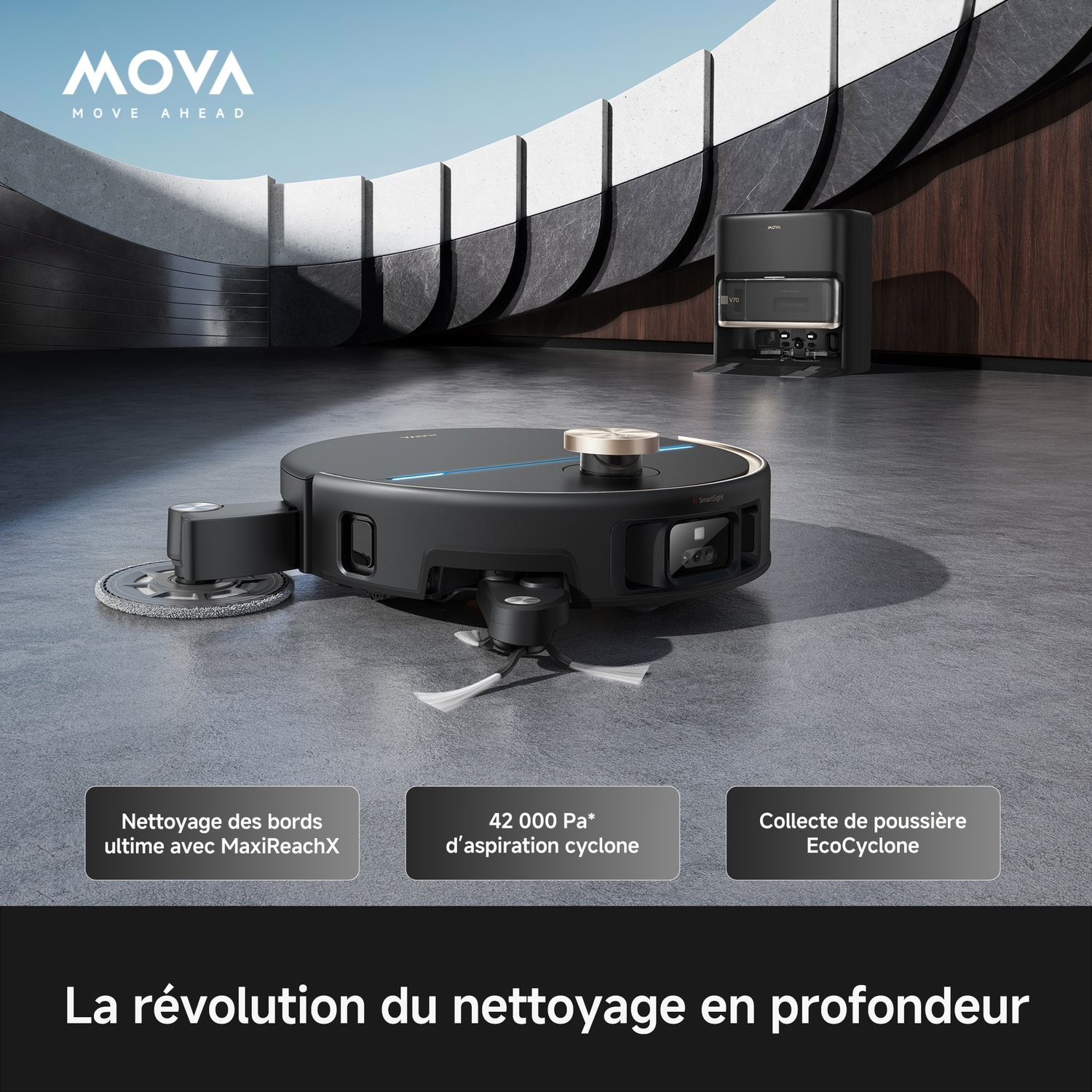 Un robot aspirateur noir avec serpillière et station de charge dans un cadre architectural moderne et incurvé.