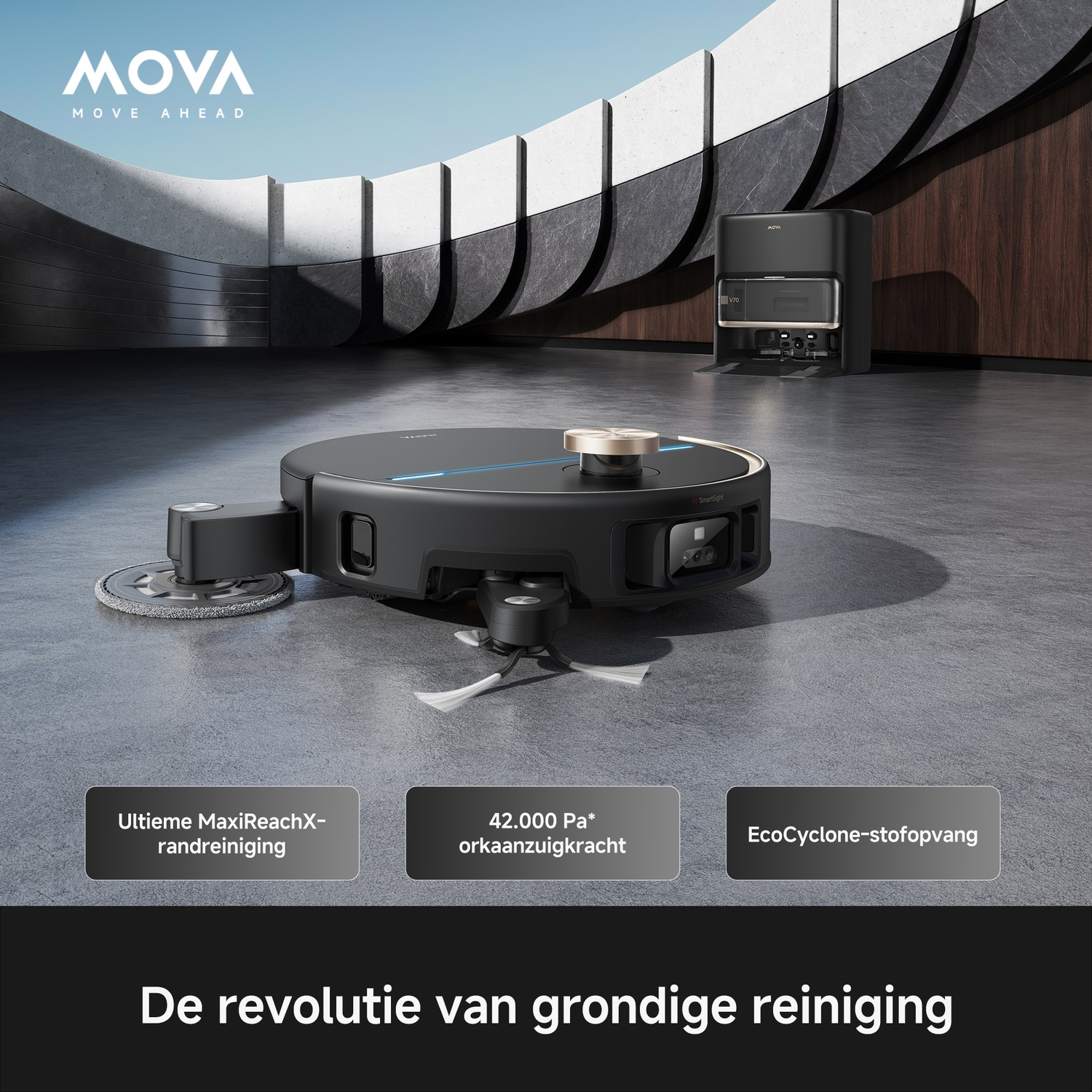 Black robot vacuum with a mop pad on gray floor before modern architecture.