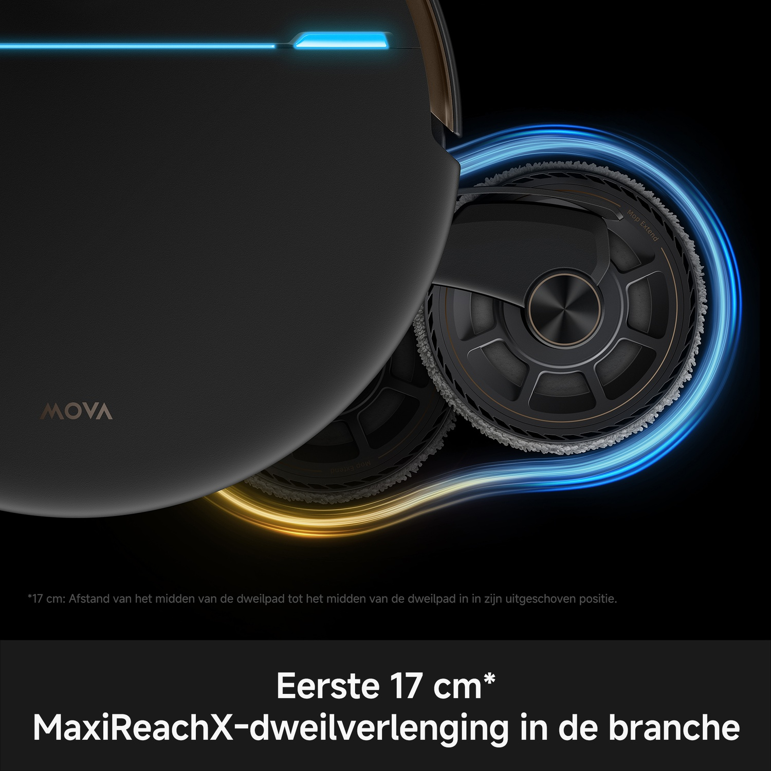 A black Mova robot vacuum shows the Mop Extend system with extended mopping pads and blue light accents.