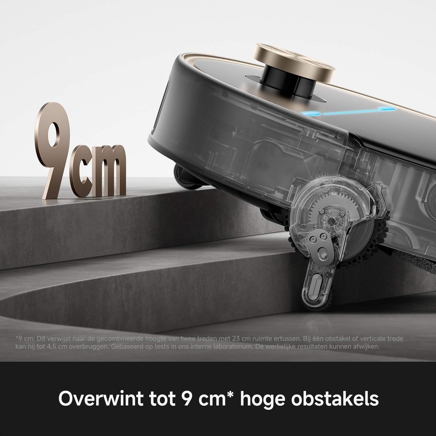A translucent robotic vacuum climbs concrete stairs next to a 9cm height indicator.