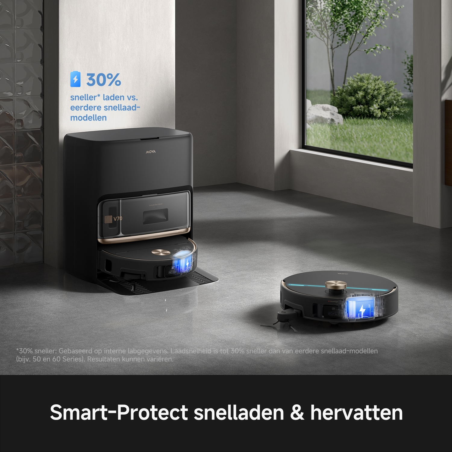 A black robotic vacuum cleaner charging in a modern room, with a glowing battery graphic and text overlays.