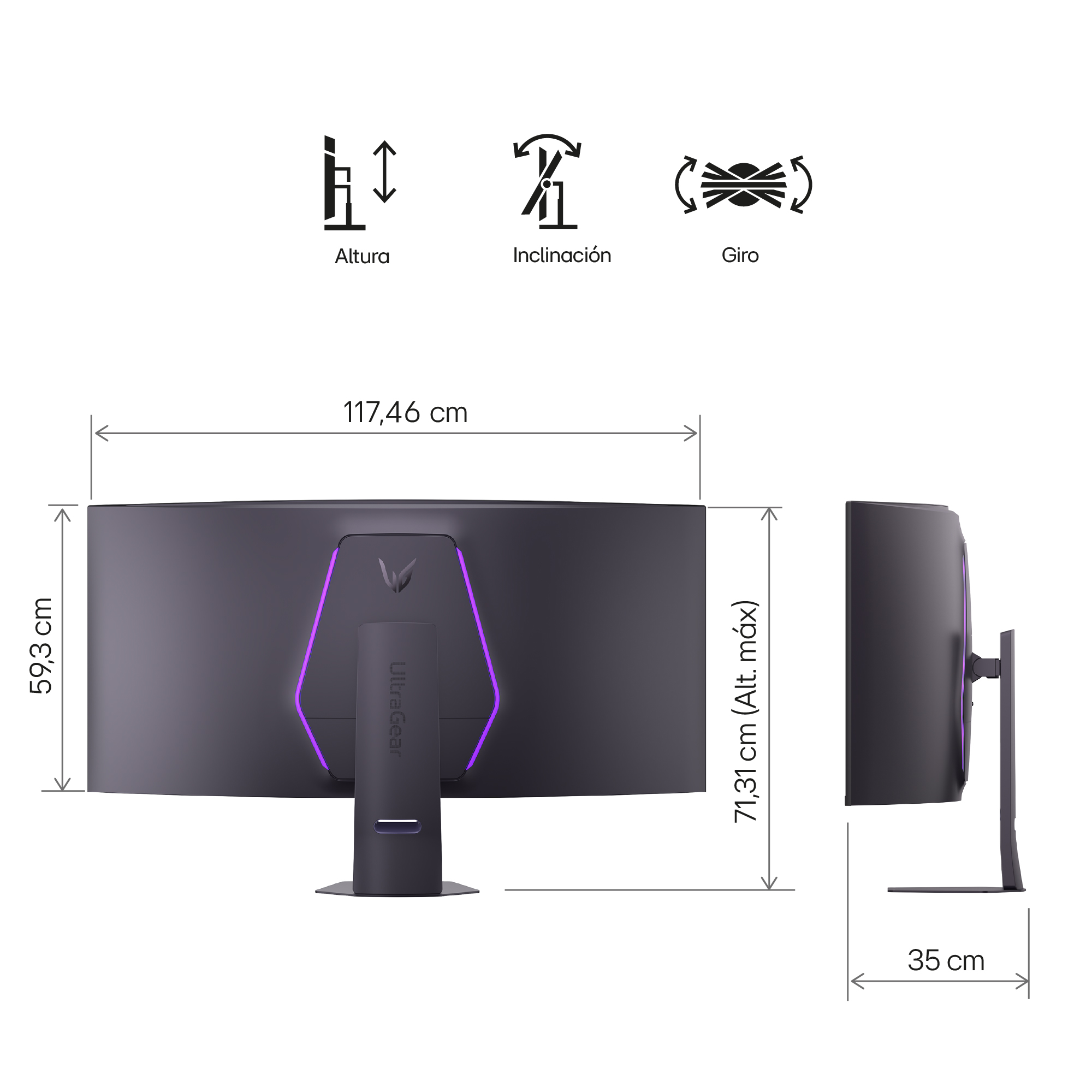 Diagrama muestra las dimensiones y funciones de ajuste de un monitor curvo con iluminación.