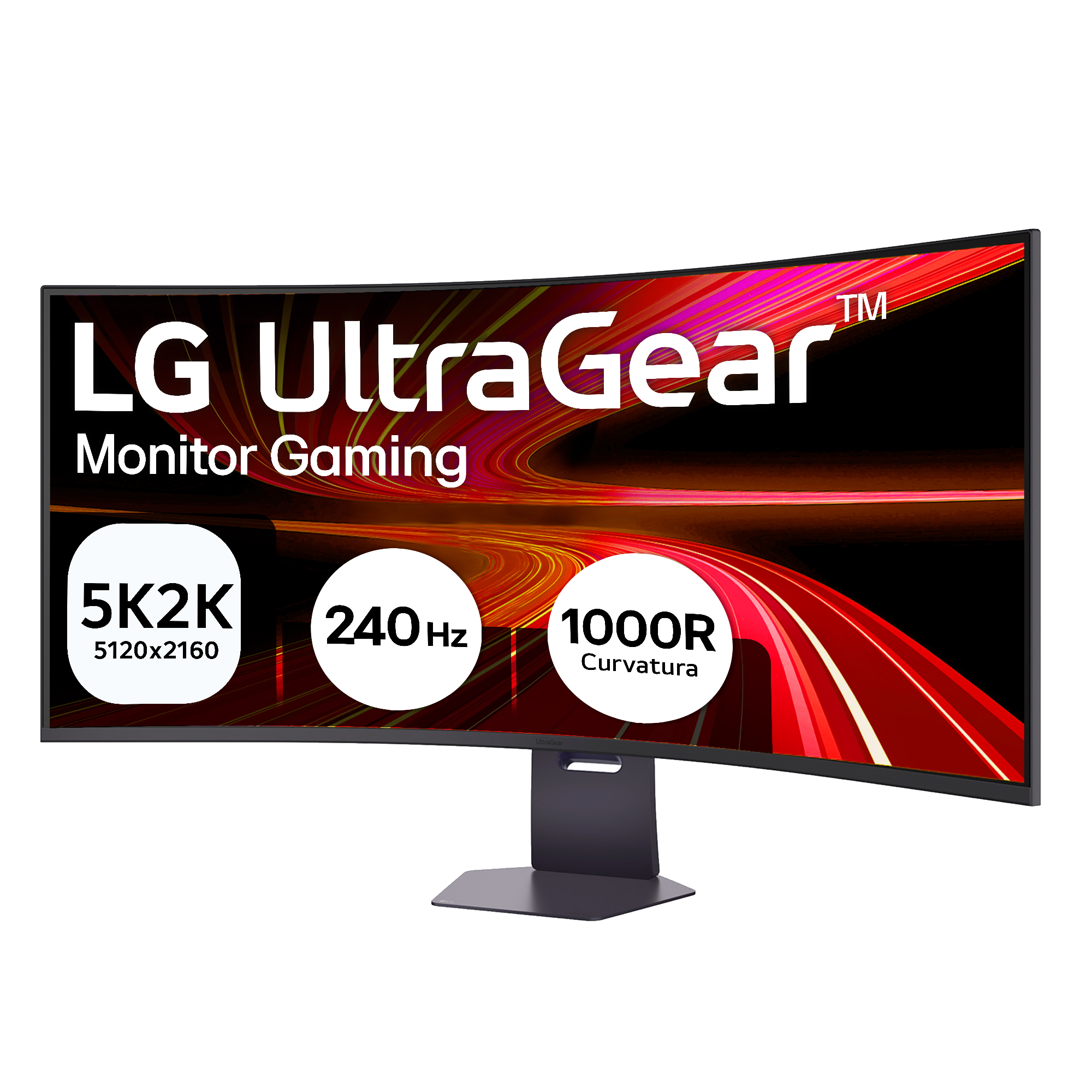 Monitor gaming curvo LG UltraGear que muestra especificaciones de 5K2K, 240Hz y 1000R sobre fondo abstracto.