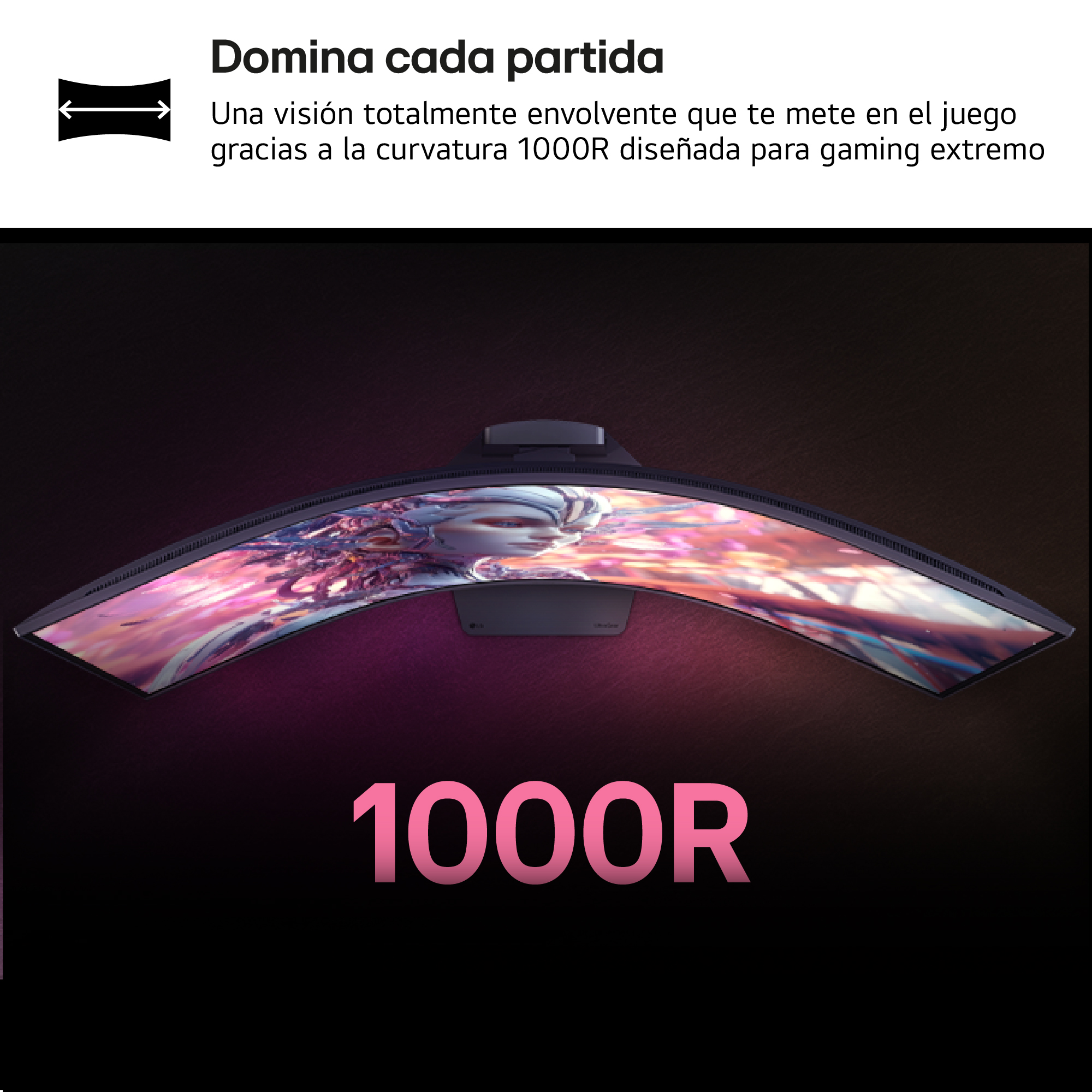 Vista superior de un monitor gaming curvo con curvatura 1000R y pantalla de fantasía colorida.