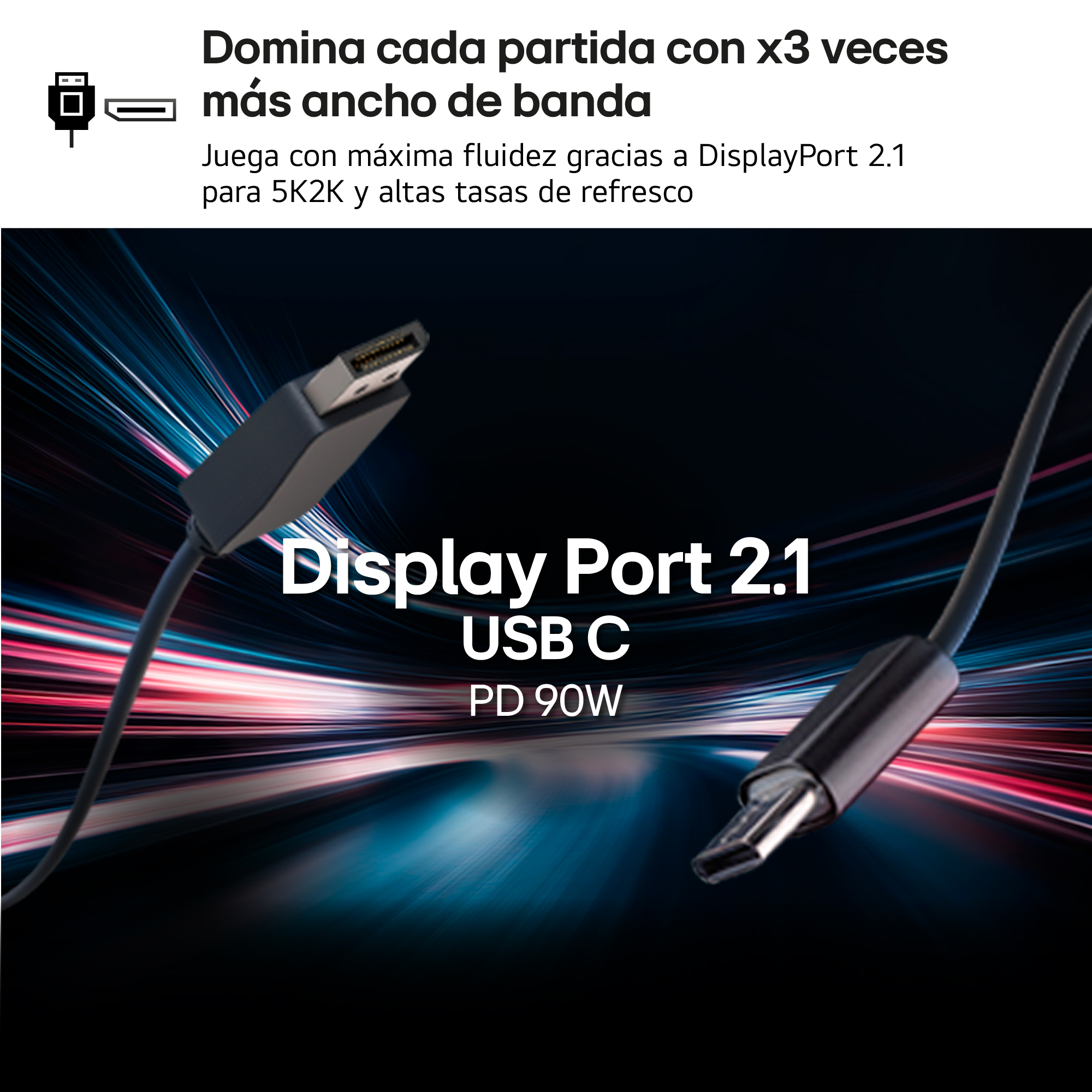 Cable DisplayPort 2.1 USB C sobre un fondo de franjas de luz de colores con texto arriba.