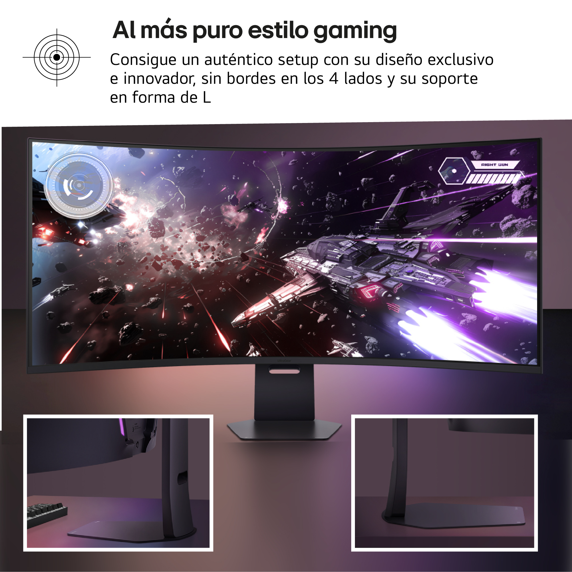Un monitor gaming curvo muestra una escena espacial con naves. Abajo hay dos primeros planos del soporte.
