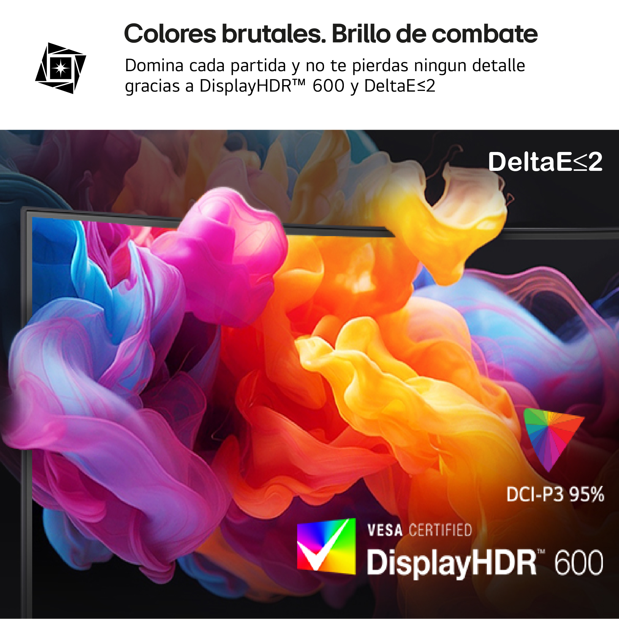 Monitor DisplayHDR 600 con arte de humo vibrante y colorido.