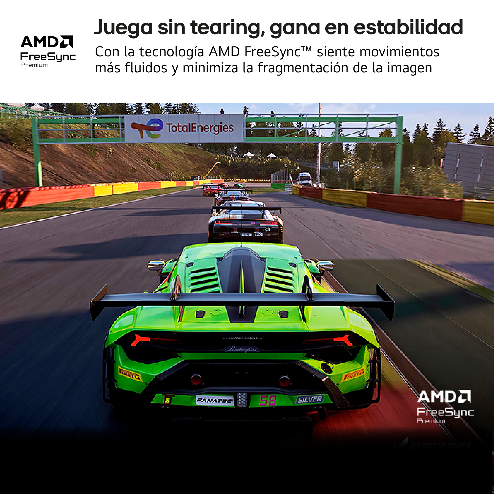 Coche de carreras verde en una pista soleada, seguido por otros vehículos.