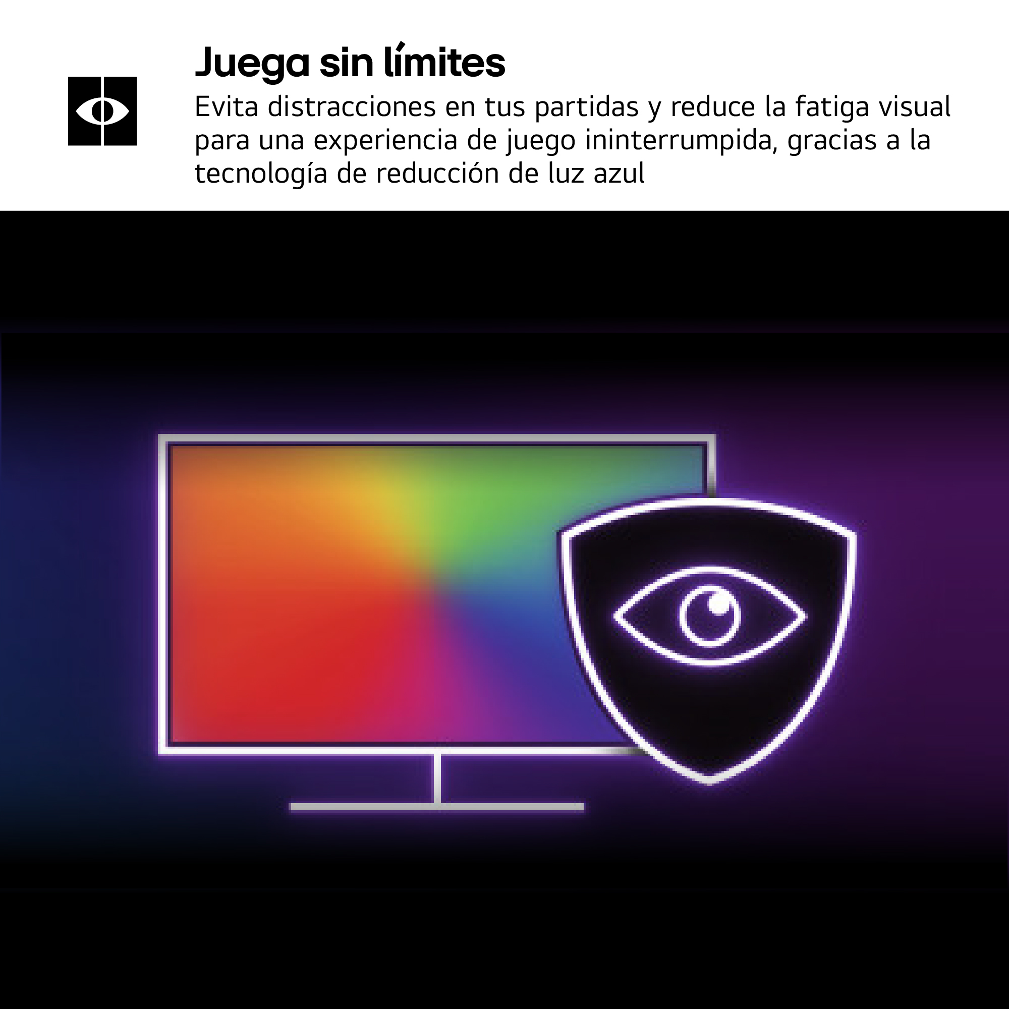 Una pantalla colorida con un escudo y un icono de ojo que representa la reducción de luz azul.