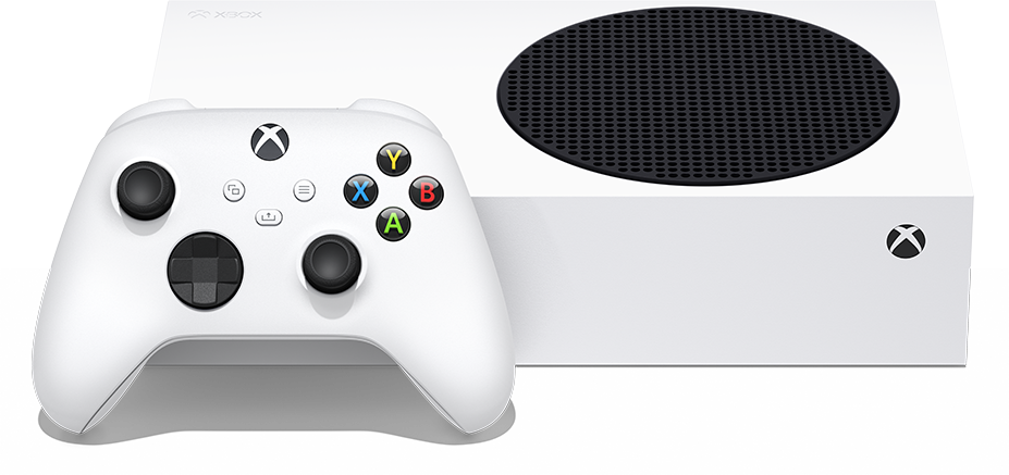 Egy fehér Xbox Series S konzol és a hozzá illő fehér vezeték nélküli vezérlő fekete háttér előtt.