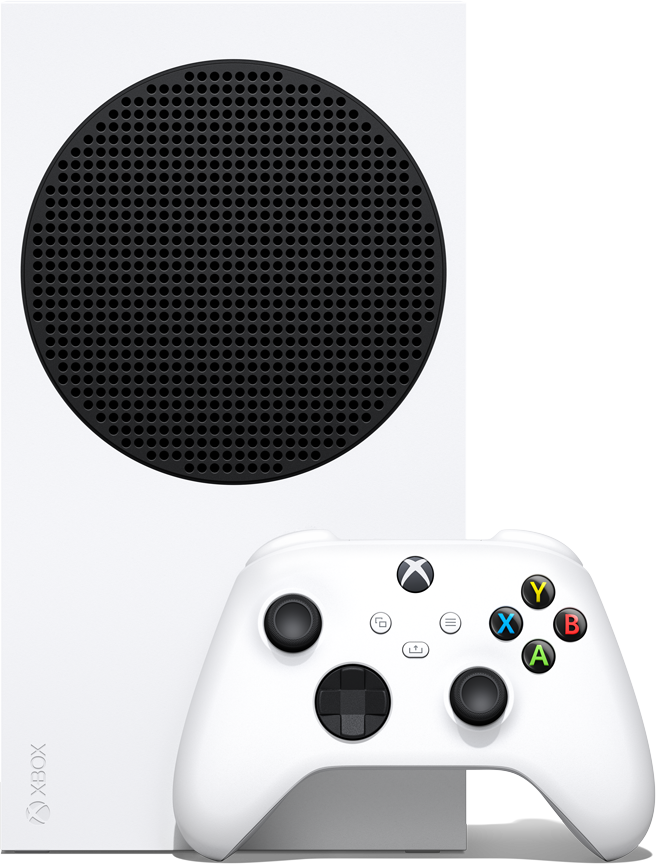 Egy fehér Xbox Series S konzol egy nagy kerek fekete szellőzővel és egy fehér kontrollerrel elöl, fekete háttér előtt.