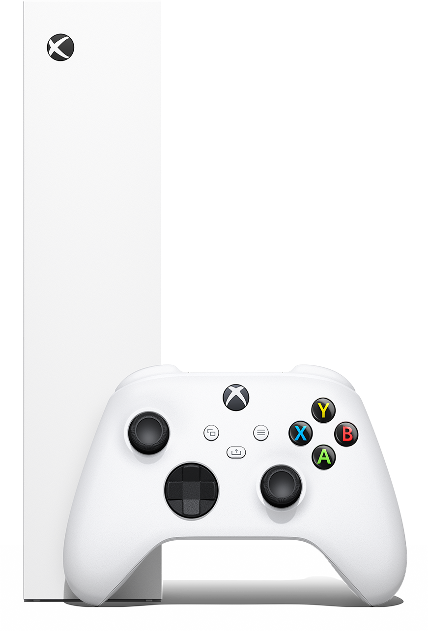 Egy fehér Xbox Series S konzol és egy hozzá illő fehér kontroller színes gombokkal, fekete háttér előtt.