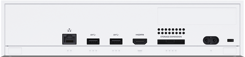 Egy fehér konzol hátoldala portokkal, mint ethernet, USB, HDMI, tárhelybővítés és tápegység.