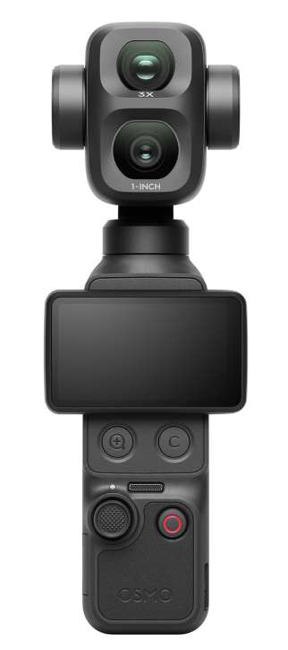 Czarna kamera Osmo Pocket 3 z dwoma obiektywami, ekranem dotykowym i przyciskami.