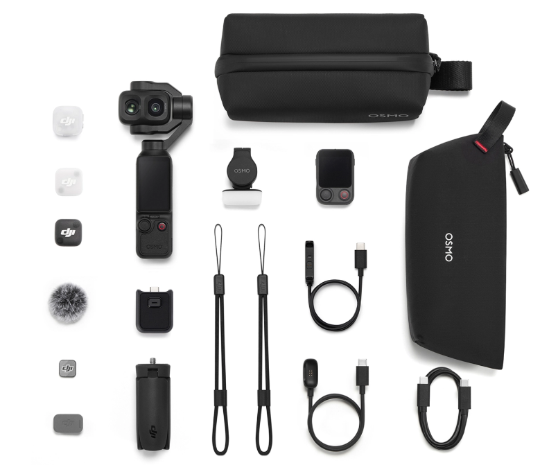 Kolekcja akcesoriów do kieszonkowego aparatu DJI Osmo i torby na białym tle.