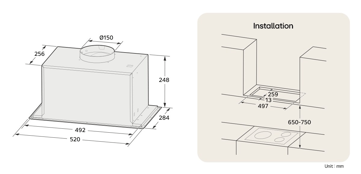 Dibujo técnico de una campana extractora con dimensiones en milímetros y guía de instalación.